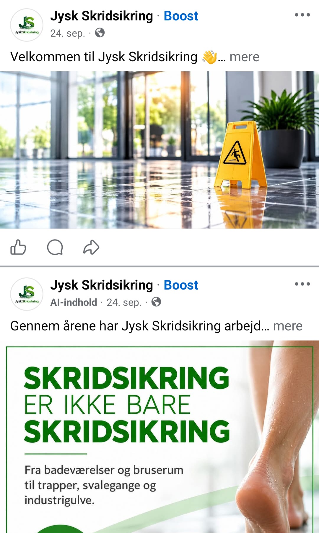 To Facebook-opslag fra Jysk Skridsikring